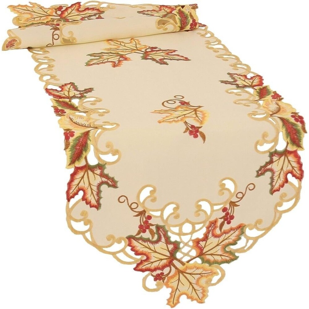NEW Fall Leaves Table Runner Embroidered Thanksgiving Autumn Decor 15" x 54"